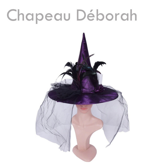 Chapeau de sorcière "Déborah" pas cher costume déguisement halloween violet plume araignées