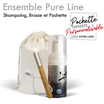 Ensemble pure line comprenant shampoing, brosse et pochette. Possibilité de personnaliser votre pochette à votre logo