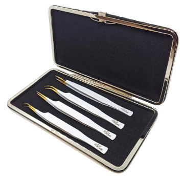 Ecrin Luxe 4 pinces extension de cils, droite isolation et courbure volume russe nacrée et dorées. Fiber Tip Acier Inoxydable 2