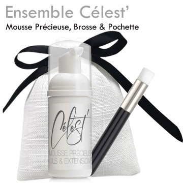 Ensemble Célest comprenant shampoing, brosse et pochette. Shampooing fabriqué en France. Soins extensions de cils Made in France