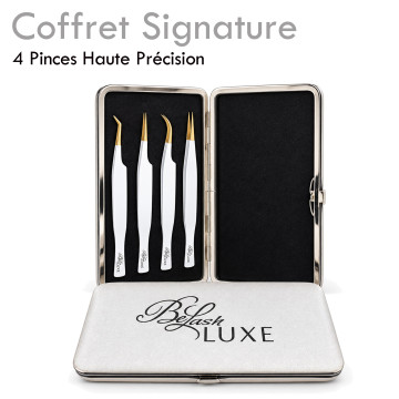 Ecrin Luxe 4 pinces extension de cils, droite isolation et courbure volume russe nacrée et dorées. Fiber Tip Acier Inoxydable