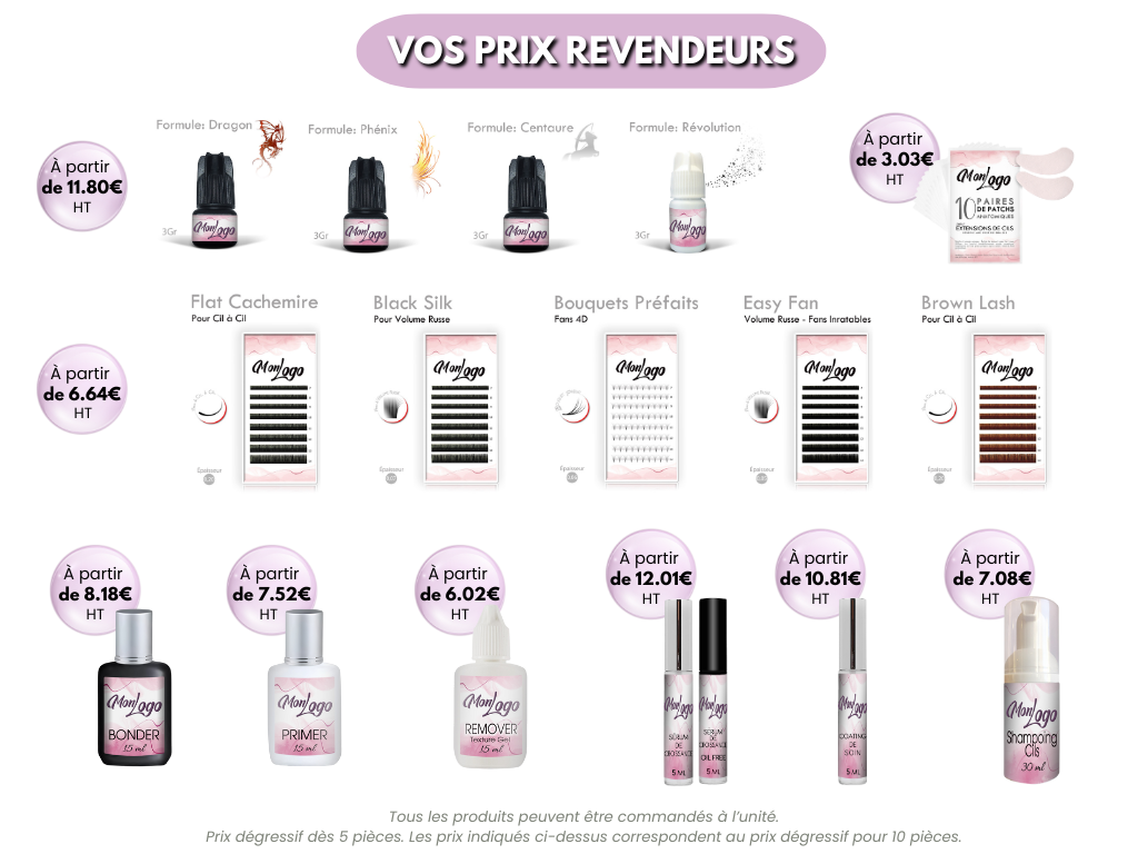 Prix revendeurs des produits pour extensions de cils à votre marque
