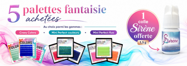 5 palettes d'extensions de cils couleur achetées, une colle Sirène 1,5 g offerte